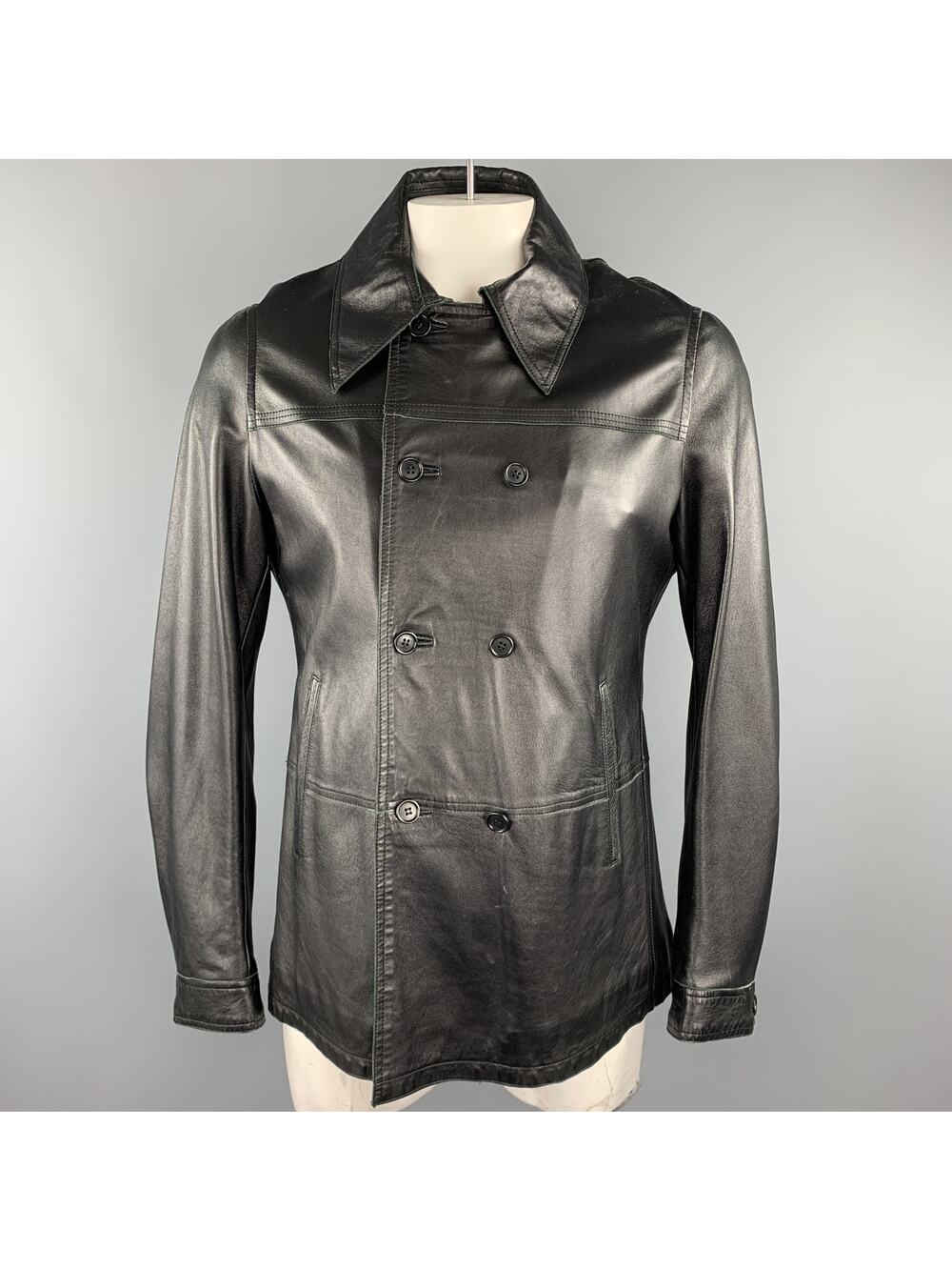 CoSTUME HOMME Size 40 Black Leather Double Breasted Jacket